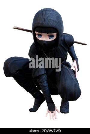 Rendu 3D d'un garçon ninja de dessin animé isolé sur blanc arrière-plan Banque D'Images