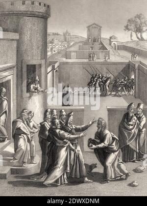 Judas Iscariot avant Ponce Pilate, Nouveau Testament, gravure en acier 1853, restauré numériquement Banque D'Images