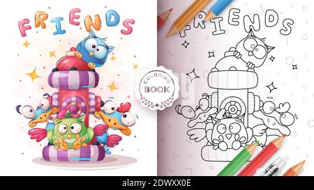 Adorable oiseau amis - page de coloriage Illustration de Vecteur
