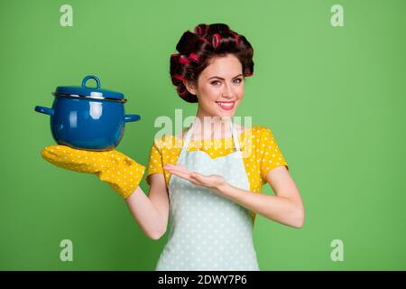 Photo de jeune femme attrayante cuisine joyeuse curlers hairdo charmant femme de ménage tenant un plat prêt à soupe moule à soupe savoureux usure pinup tablier à pois Banque D'Images