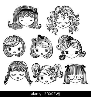 Ensemble de visages pour filles avec différentes coiffures. Style terne. Dessiné à la main. Noir et blanc. Pour la conception de tirages, affiches, cartes postales, autocollants, badges. Illustration de Vecteur