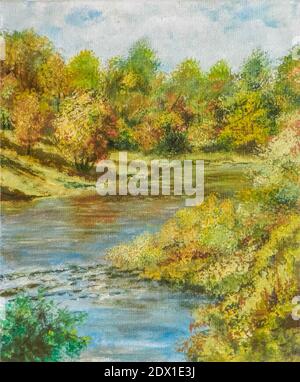 Paysage d'automne des rivières et des rives boisées. Illustration d'une peinture d'art Banque D'Images