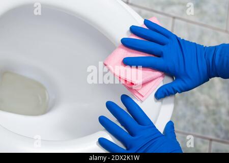 Mains dans des gants bleus nettoyage cuvette de toilette gros plan. Banque D'Images