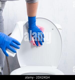 Mains de femme en gants nettoyant le bol de toilette avec du détergent. Banque D'Images