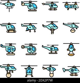 Icônes d'hélicoptère de sauvetage définies. Ensemble de contours de l'hélicoptère de sauvetage vecteur icônes ligne mince couleur plate sur blanc Illustration de Vecteur