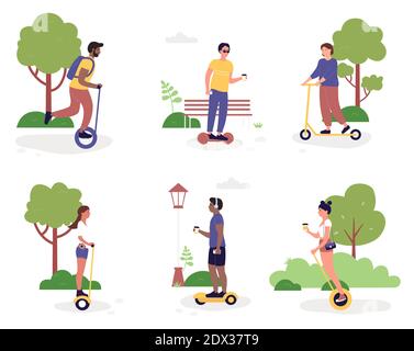 Jeu d'illustrations vectorielles d'activité de transport éco-urbain. Caricature active femme homme personnage équitation électrique écologique transport dans parc public, scooter, planque ou gyroscooter isolé sur blanc Illustration de Vecteur