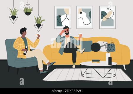 Illustration du vecteur de conversation de vos amis. Caricature homme heureux personnages amis assis sur un canapé dans la maison salon intérieur, les gens boivent de l'alcool et bavardent, l'amitié mâle fond Illustration de Vecteur