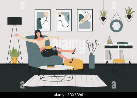 Jeune femme se détendant à la maison illustration vectorielle. Caricature heureuse fille personnage assis dans un fauteuil de la maison scandinave appartement intérieur, drôle dame passant du temps amusant à la maison seul arrière-plan Illustration de Vecteur