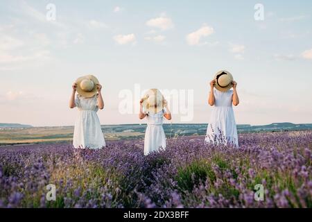 Trois filles avec des chapeaux dans un champ de lavande Banque D'Images