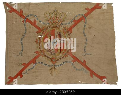 Un drapeau espagnol aurait été capturé pendant le siège de Gibraltar en 1782 et présenté au lieutenant James Robert Mosse (1746-1801). Le drapeau est passé au Musée maritime national de Greenwich, Londres. Le drapeau blanc cousu à la main est peint avec les armoiries royales espagnoles au centre. Banque D'Images