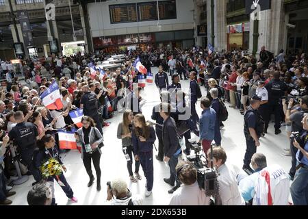 L'équipe sportive française arrive à la Gare de Lyon le 18 août 2014 à Paris. L'équipe nationale d'athlétisme de France a remporté 23 médailles au championnat européen d'athlétisme de Zurich la semaine dernière. Photo de Jerome Domine/ABACAPRESS.COM Banque D'Images