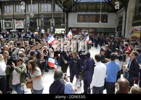 L'équipe sportive française arrive à la Gare de Lyon le 18 août 2014 à Paris. L'équipe nationale d'athlétisme de France a remporté 23 médailles au championnat européen d'athlétisme de Zurich la semaine dernière. Photo de Jerome Domine/ABACAPRESS.COM Banque D'Images