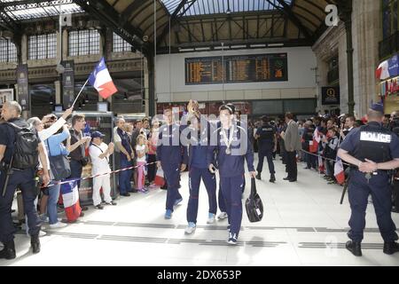 L'équipe sportive française arrive à la Gare de Lyon le 18 août 2014 à Paris. L'équipe nationale d'athlétisme de France a remporté 23 médailles au championnat européen d'athlétisme de Zurich la semaine dernière. Photo de Jerome Domine/ABACAPRESS.COM Banque D'Images