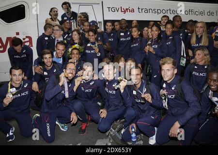 L'équipe sportive française arrive à la Gare de Lyon le 18 août 2014 à Paris. L'équipe nationale d'athlétisme de France a remporté 23 médailles au championnat européen d'athlétisme de Zurich la semaine dernière. Photo de Jerome Domine/ABACAPRESS.COM Banque D'Images