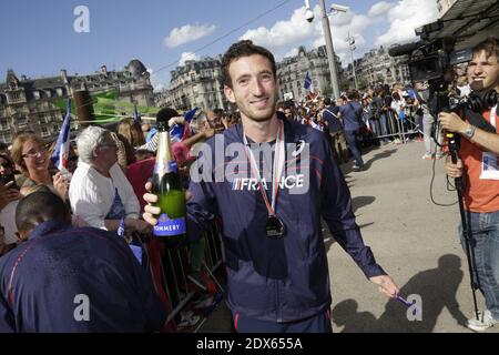 L'équipe sportive française arrive à la Gare de Lyon le 18 août 2014 à Paris. L'équipe nationale d'athlétisme de France a remporté 23 médailles au championnat européen d'athlétisme de Zurich la semaine dernière. Photo de Jerome Domine/ABACAPRESS.COM Banque D'Images