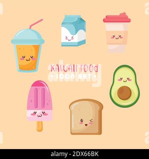 lot de six personnages kawaii de nourriture aux kiuts autour et lettrage Illustration de Vecteur