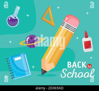 lettrage de retour à l'école avec set fournitures scolaires Illustration de Vecteur