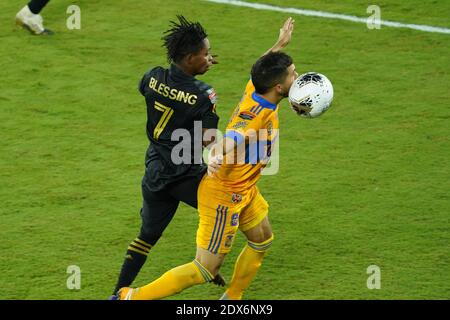 Stade Exploria, Orlando, Floride, États-Unis, 22 décembre 2020, le joueur de Tigres fait un titre lors de la finale de la CONCACAF Champions League. (Crédit photo : Marty Jean-Louis) Banque D'Images