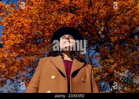 Femme souriante portant un chapeau debout sous un arbre en forêt Banque D'Images