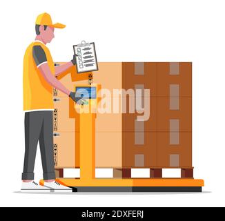 L'employé de l'entrepôt pèse la cargaison. Balances de marchandises industrielles. Logistique et distribution, colis, boîtes en carton. Échelle avec boîte isolée sur blanc. Illustration vectorielle plate Illustration de Vecteur