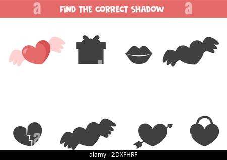 Trouvez l'ombre du coeur de Valentin avec des ailes. Jeu logique pour les enfants. Illustration de Vecteur