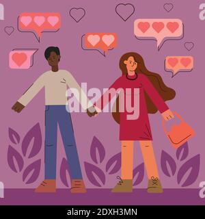 Illustration moderne vectorielle plate d'un couple amoureux. Un homme et une femme tiennent les mains. Amour entre un homme et une femme. carte de vœux de saint-valentin. Illustration de Vecteur