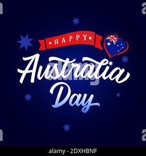 Joyeux jour d'Australie calligraphie et coeur avec bannière drapeau. Illustration vectorielle pour le 26 janvier, carte de vœux avec drapeau pour le jour de l'Australie Illustration de Vecteur