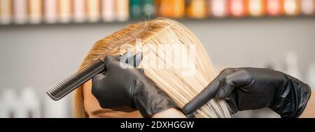 La main du coiffeur combon les cheveux des femmes avant de les teindre dans une beauté salon Banque D'Images