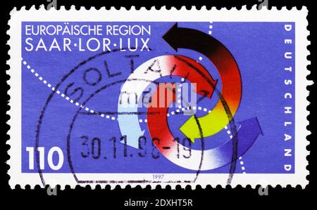 MOSCOU, RUSSIE - 23 MARS 2019 : le timbre-poste imprimé en Allemagne montre la région européenne de Saar-Lor-Lux, série, vers 1997 Banque D'Images