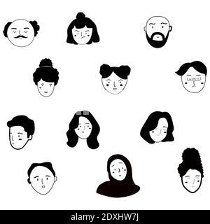 motif de collection jeu de caractères visage humain thème noir et blanc avec un style de dessin animé plat Illustration de Vecteur