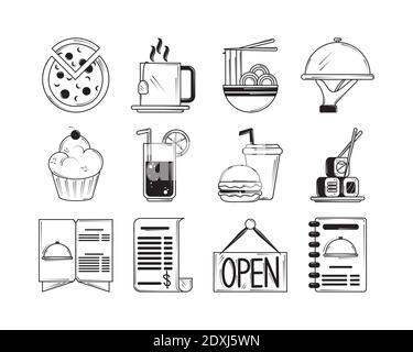 menu du restaurant cuisine boissons icônes de service dans le style de la ligne illustration vectorielle Illustration de Vecteur