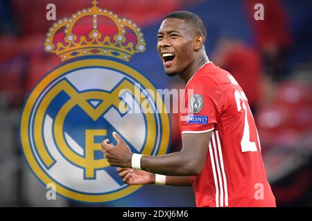 Budapest, stade Ferenc Puskas. 24 septembre 2020. PHOTOMONTAGE: Bayern star veut quitter en été Alaba poker marche dans la phase chaude - Real Madrid a probablement les meilleures cartes. Archive photo; David ALABA (FC Bayern Munich), geste, action, image unique, coupe simple motif, demi-figure, demi-figure. Football UEFA Super Cup 2020 FC Bayern Munich-FC Sevilla 1-2 NV le 24 septembre 2020 à Budapest, stade Ferenc Puskas. Â | utilisation dans le monde crédit: dpa/Alay Live News Banque D'Images