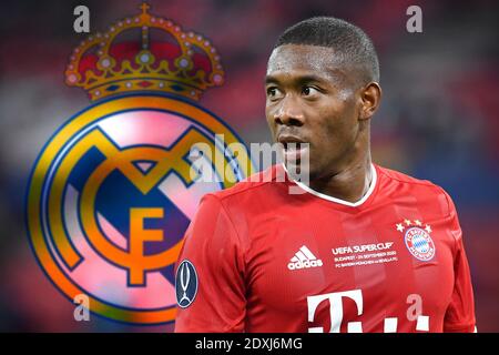 Budapest, stade Ferenc Puskas. 24 septembre 2020. PHOTOMONTAGE: Bayern star veut quitter en été Alaba poker marche dans la phase chaude - Real Madrid a probablement les meilleures cartes. Archive photo; David ALABA (FC Bayern Munich), geste, action, image unique, coupe simple motif, demi-figure, demi-figure. Football UEFA Super Cup 2020 FC Bayern Munich-FC Sevilla 1-2 NV le 24 septembre 2020 à Budapest, stade Ferenc Puskas. Â | utilisation dans le monde crédit: dpa/Alay Live News Banque D'Images
