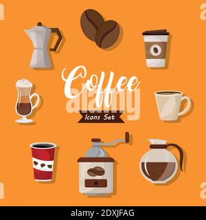 lot de huit icônes et lettres pour un ensemble de boissons délicieuses à base de café Illustration de Vecteur