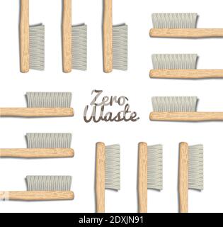 Banner brosses à dents Bamboo zéro déchet, jeu de brosses à poils blancs. Matériau biodégradable. Produits écologiques. Isolé sur fond blanc Illustration de Vecteur