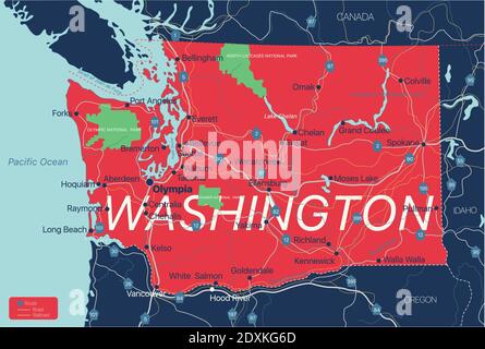 Carte modifiable détaillée de l'État de Washington avec villes et villes, sites géographiques, routes, chemins de fer, autoroutes et autoroutes américaines. Fichier vectoriel EPS-10, tr Illustration de Vecteur