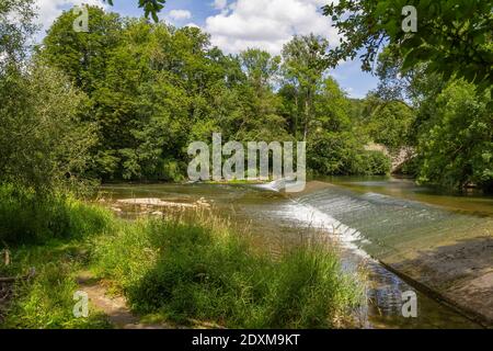 Paysage idyllique au bord de la rivière Jagst à Hohenlohe, une région du sud de l'Allemagne à l'heure d'été Banque D'Images