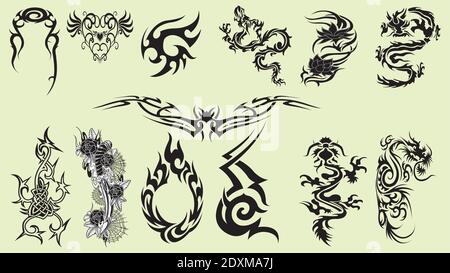 Ensemble de tatouages de couleur et de noir dans un style vintage traditionnel. Symboles Illustration de Vecteur