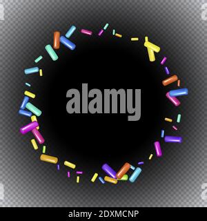 Saupoudrer de grains de desserts. Motif abstrait avec grains doux colorés et réalistes sur fond noir transparent. Design pour les fêtes, fêtes Illustration de Vecteur