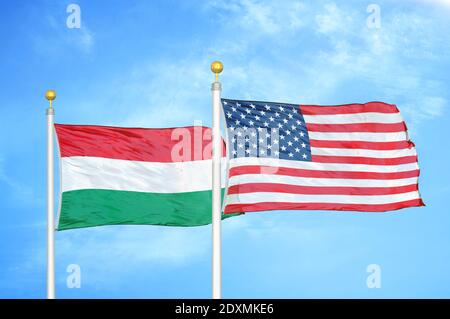 Hongrie et États-Unis deux drapeaux sur les mâts et le bleu ciel nuageux Banque D'Images
