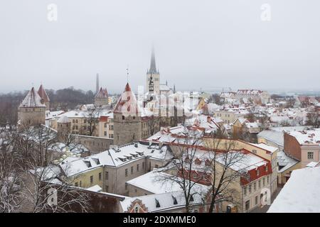 Tour de la muraille de la ville et église catholique Oleviste à la vieille ville de Tallinn en Estonie à l'hiver. Architecture gothique scandinave de Banque D'Images