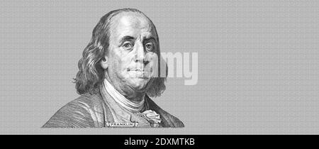 Benjamin Franklin a coupé sur le nouveau billet de 100 dollars isolé dessus arrière-plan blanc Banque D'Images