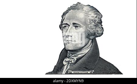 Alexander Hamilton a coupé sur un billet de 10 dollars isolé sur blanc arrière-plan Banque D'Images
