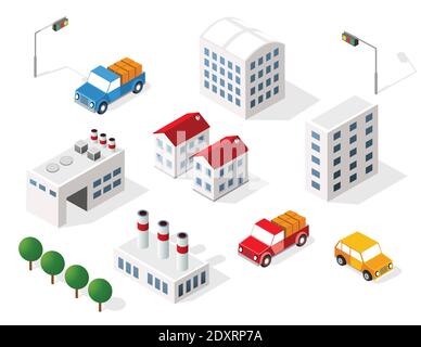 Ville isométrique avec gratte-ciel et maisons Illustration de Vecteur