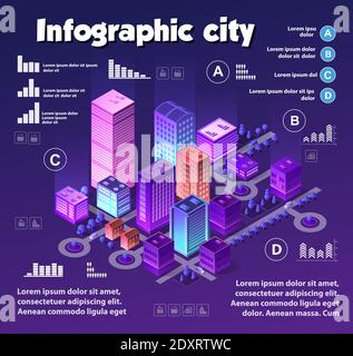 Infographies de ville au néon isométrique de couleurs violettes Illustration de Vecteur