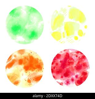 Aquarelle abstraite cercle texture ensemble de taches multicolores arc-en-ciel, éléments pour le design rétro Banque D'Images