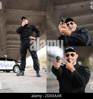 collage d'un policier avec la main sur la hanche, debout près d'une voiture de patrouille, tenant un fusil et parlant sur un poste de radio à l'extérieur Banque D'Images