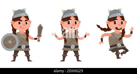 Bébé viking dans différentes poses. Femme enfant de style dessin animé. Illustration de Vecteur