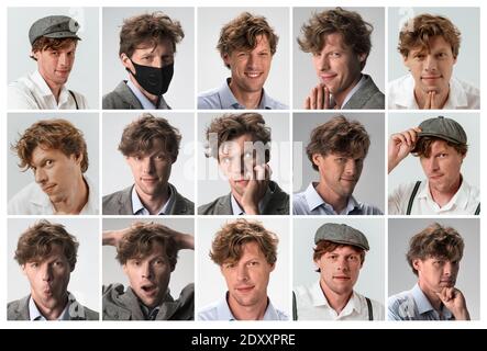 Collage d'un homme portraits avec différentes émotions et gestes isolés sur fond blanc ou gris. Montage multi-écran, montage sur écran divisé Banque D'Images