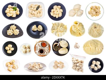 collage de différents boulettes (dim sum, buuz, pelmeni, pyanse, khinkali, manti, etc.) isolées sur fond blanc Banque D'Images